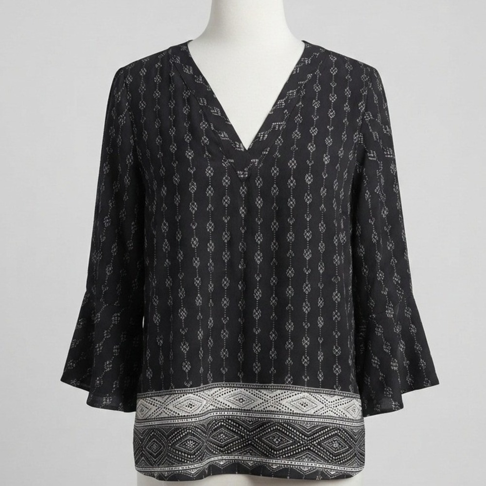 Kim Rogers Womens Black White Geometric Print V-Neck Flowy Sleeve Blouse Large